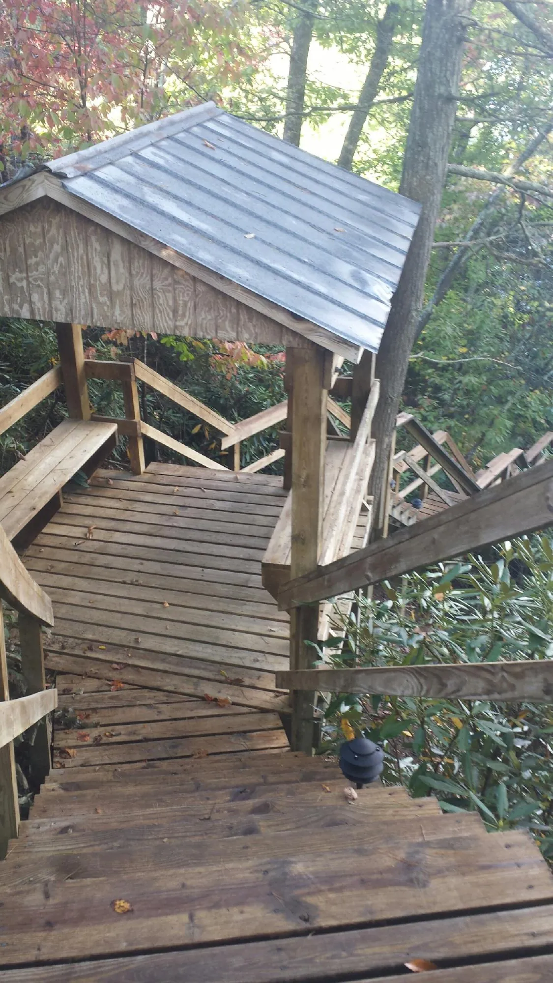 Metal roofed shelter over wooden steps on a wooded walkway — Skylight Repair & Installation work by our crew in Horntown